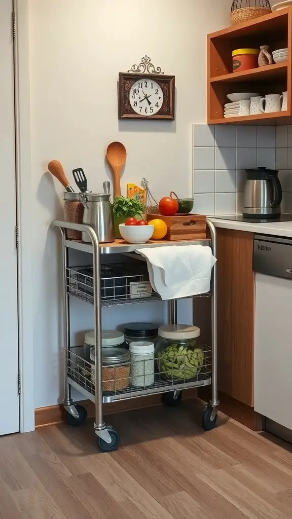 17 Genius Storage Solutions for Small Kitchens 14 A rolling kitchen cart with jars, vegetables, and utensils in a bright kitchen corner.