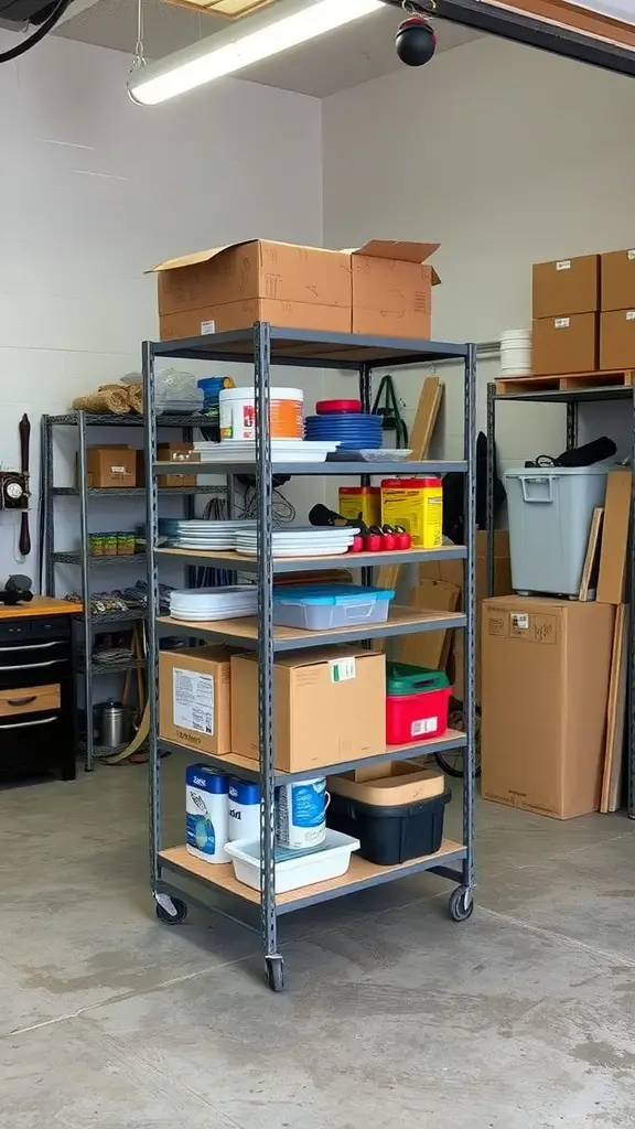 A rolling shelving unit in a garage with various boxes and containers organized on it.