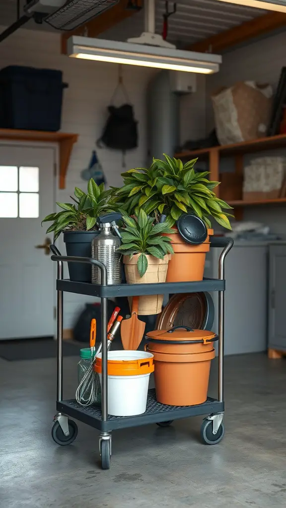 21 Creative Garage Storage Ideas You Need to Try 7 A black rolling storage cart filled with potted plants and gardening tools in a garage setting.