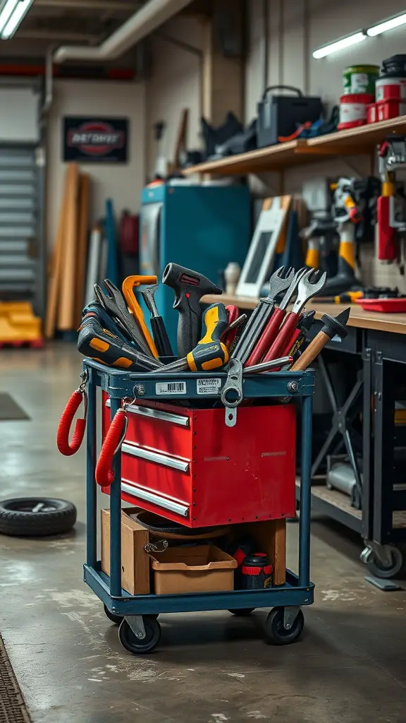 19 Essential Items for Perfect Garage Tool Organization 9 A red rolling tool cart filled with various tools in a garage setting.