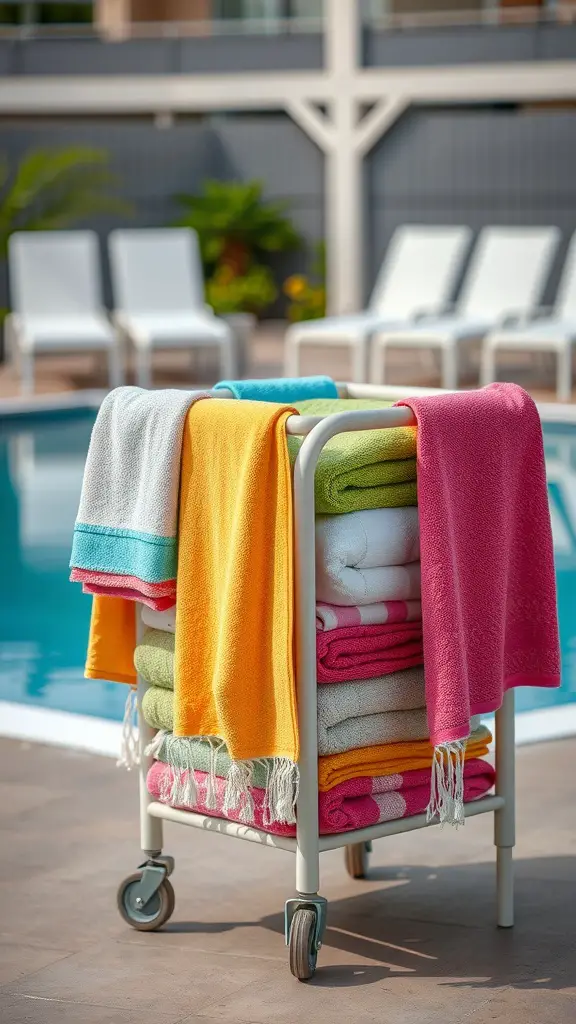 27 Creative Pool Towel Storage Solutions You Need to Try 8 A rolling towel cart filled with colorful towels by a swimming pool.
