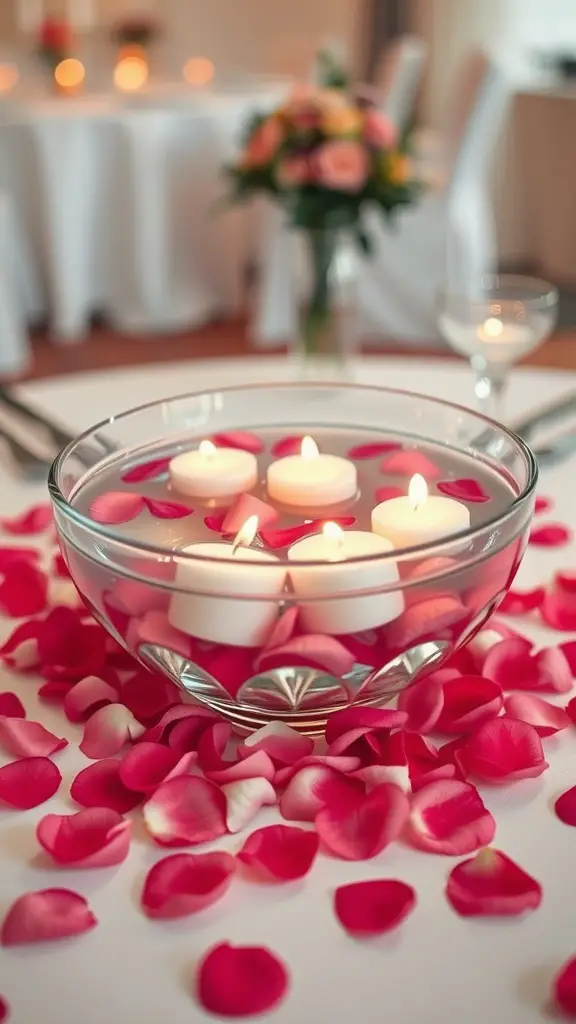 A bowl with floating candles surrounded by rose petals on a wedding table