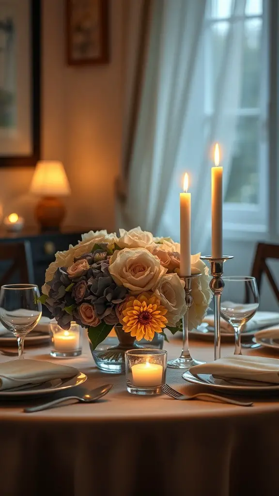 A romantic dinner table setup featuring a hydrangea centerpiece with roses and sunflowers, flanked by flickering candles.