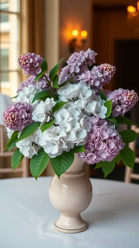 19 Stunning Wedding Floral Centerpieces to Inspire Your Big Day 5 A romantic floral centerpiece featuring white hydrangeas and purple lilacs in a vase.