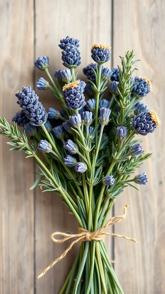 21 Stunning Flower Bouquet Ideas for Every Occasion 14 A romantic bouquet consisting of lavender and rosemary, tied with twine against a wooden background.