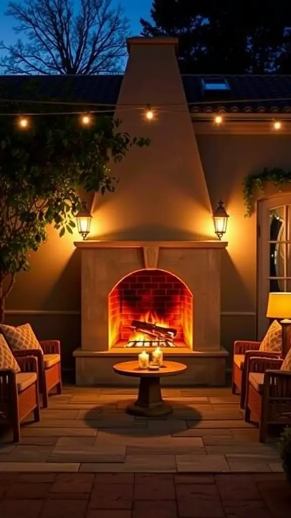 23 Charming French Patio Ideas to Transform Your Outdoor Space 9 Cozy outdoor fireplace setting with wooden chairs, candles on a table, and string lights.