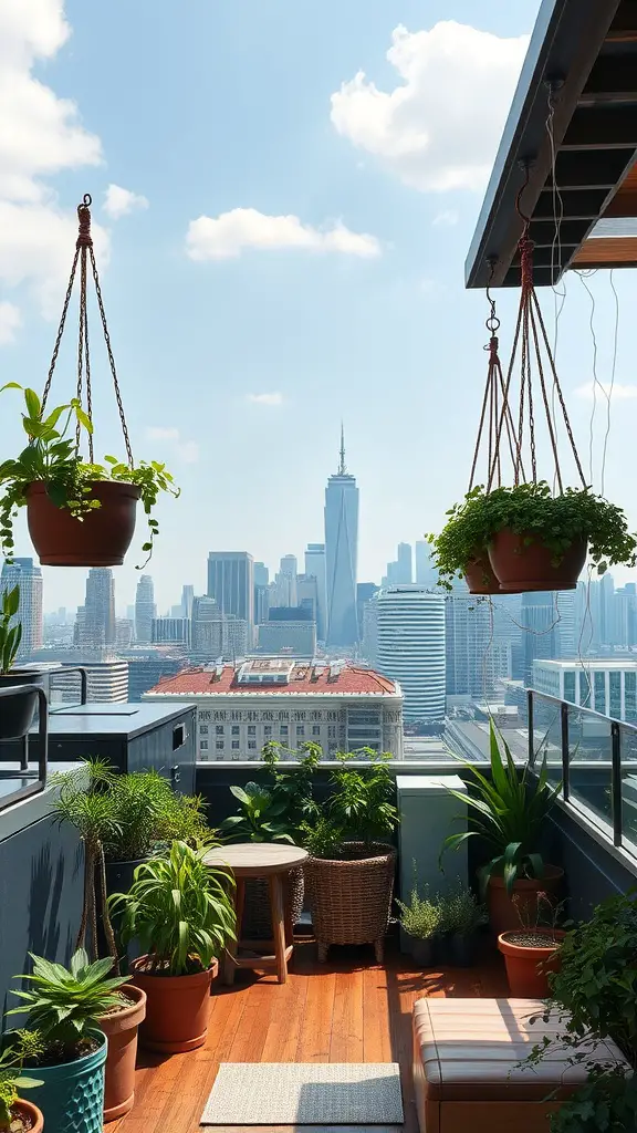 17 Creative Hanging Garden Ideas for Your Home and Balcony 7 A rooftop garden featuring hanging planters with a city skyline in the background.