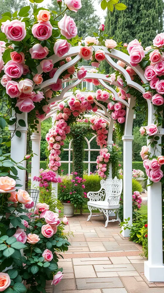 A beautiful garden with white rose arches covered in pink roses, leading to a cozy seating area.