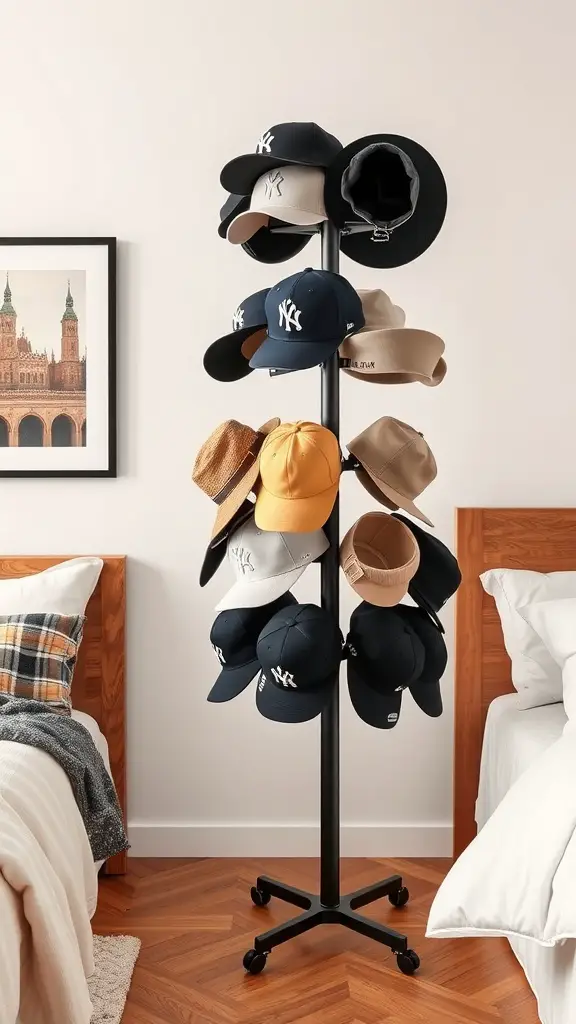 19 Creative Hat Storage Ideas for Every Space 13 A rotating hat stand displaying various baseball caps and hats in a stylish room.