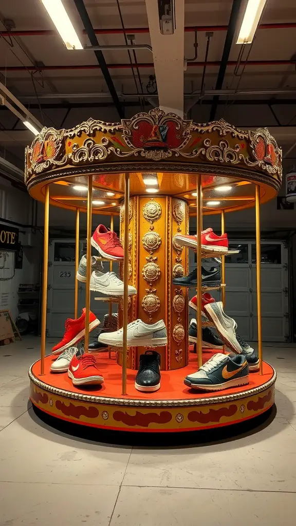 A decorative rotating shoe carousel displaying various sneakers, featuring vibrant colors and an eye-catching design.