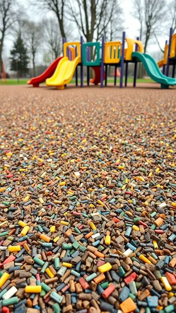 15 Creative Weed Barrier Ideas for Your Garden 13 A colorful layer of rubber mulch under a playground structure.