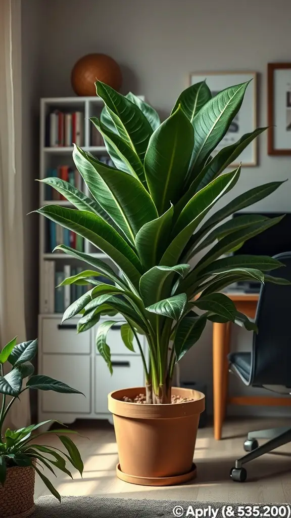 A Rubber Plant in a terracotta pot positioned in a cozy indoor setting with bookshelves and a chair in the background.