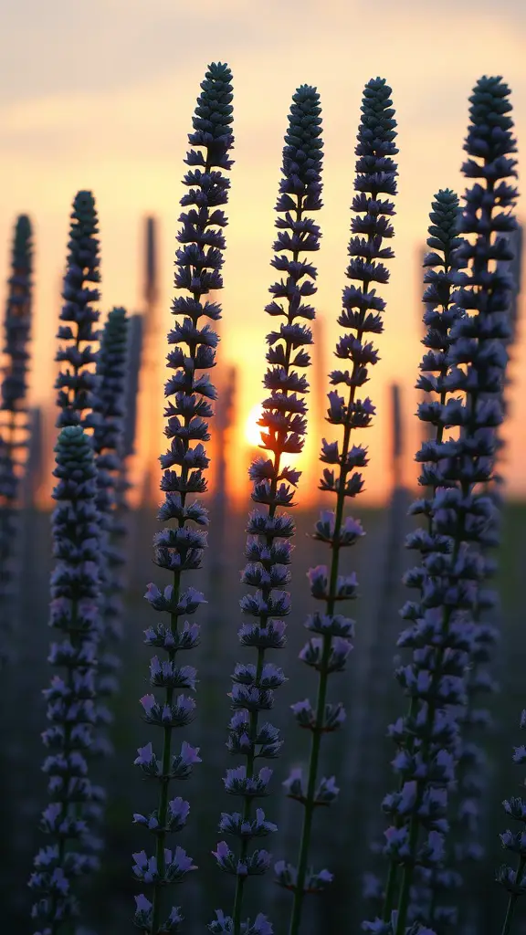 17 Long-Blooming Perennials for a Vibrant Garden Year-Round 16 Tall spikes of Russian Sage flowers against a sunset.