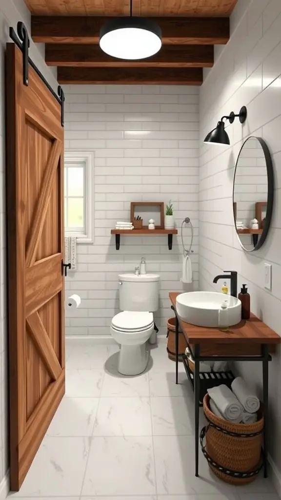 25 Charming Country Bathroom Ideas for a Cozy Retreat 17 A rustic bathroom featuring a sliding barn door, modern fixtures, and natural materials.