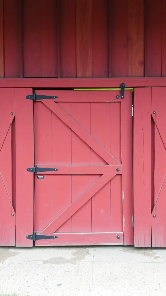 A rustic barn door painted in barn red with black hardware.