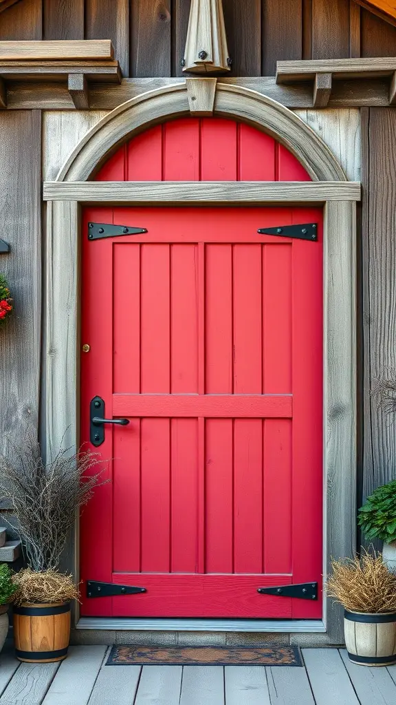 A rustic barn red front door with black hardware, framed by wooden walls and surrounded by potted plants.