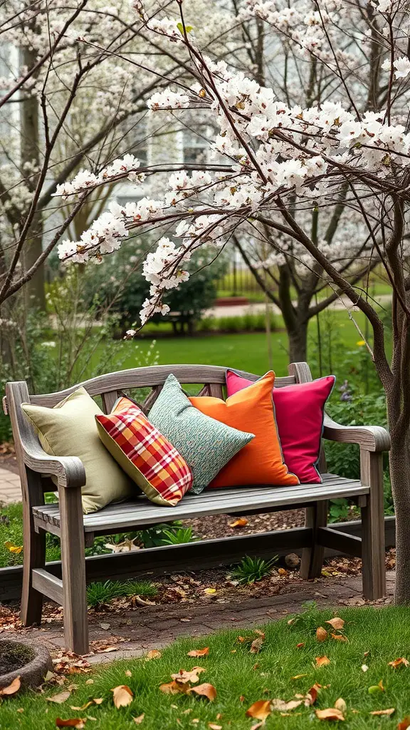 13 Cozy Garden Reading Nook Ideas for Book Lovers 2 A rustic wooden bench with colorful pillows, surrounded by blooming trees in a garden setting.