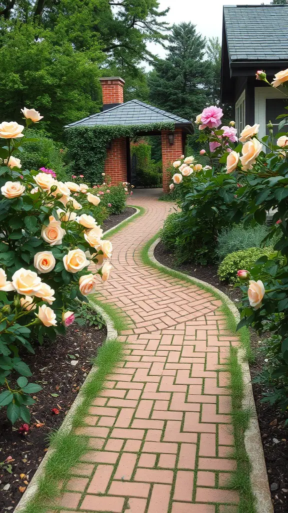 21 Stunning Pathway Landscaping Ideas to Enhance Your Outdoor Space 5 A curved rustic brick pathway surrounded by blooming roses and greenery.