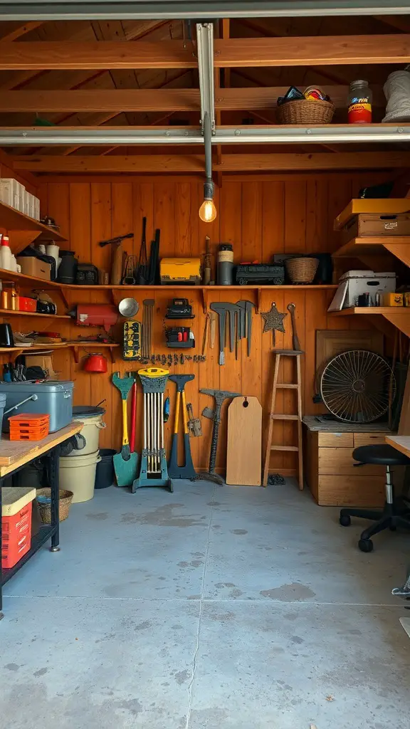 A cozy garage with rustic brown wooden walls and organized tools, showcasing a warm and inviting atmosphere.