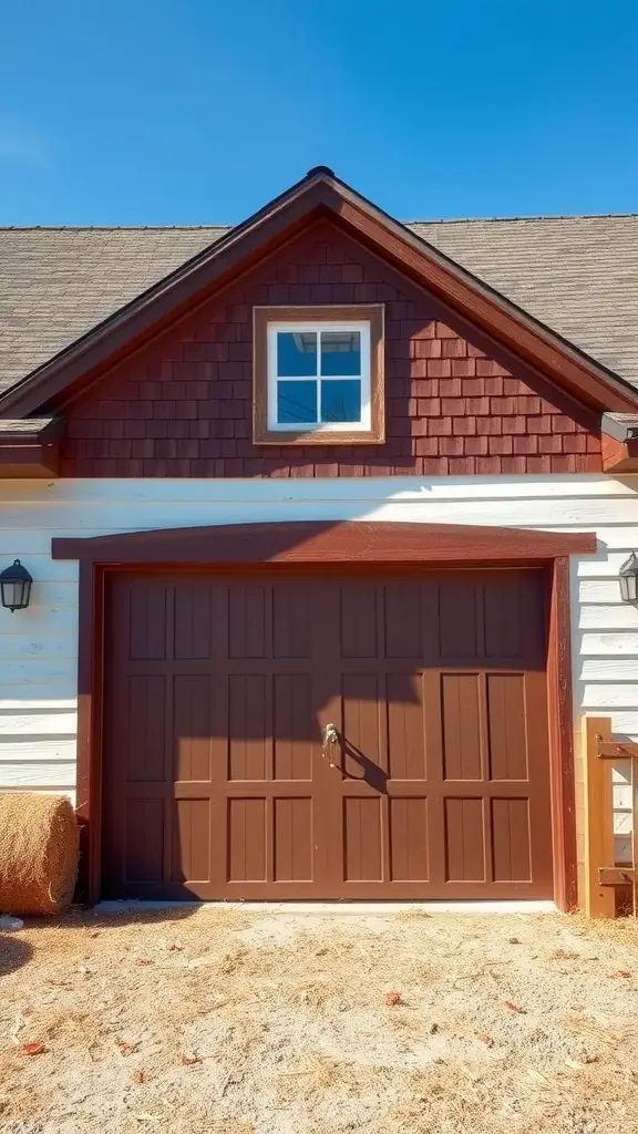 A rustic brown garage door on a farmhouse with white siding and a clear blue sky