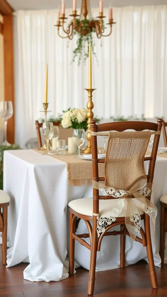 A rustic wedding table setting with burlap and lace accents, featuring wooden chairs and a warm atmosphere.