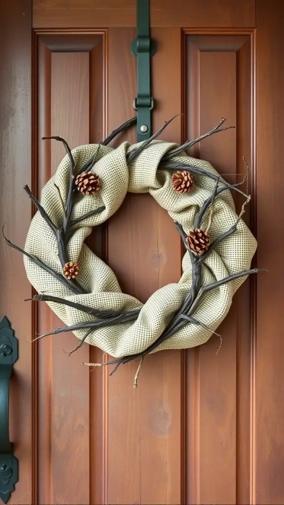 13 Stunning DIY Wreaths to Welcome You Home 8 A rustic burlap wreath adorned with twigs and pinecones, hanging on a wooden door.