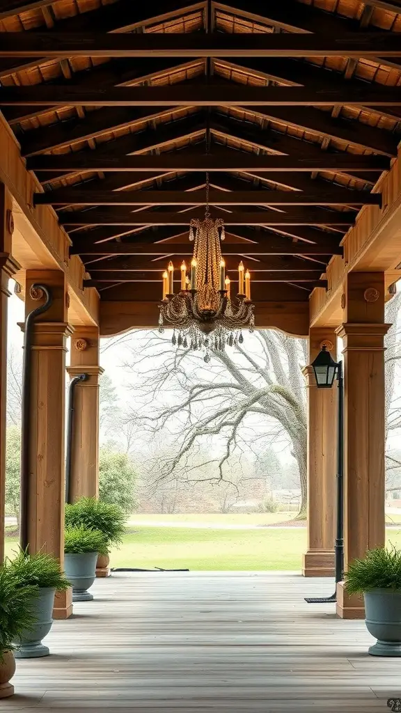 A rustic chandelier hanging under a wooden porch roof, surrounded by potted plants and a view of nature.