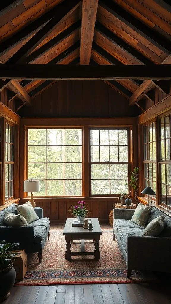 A rustic sunroom with exposed wooden beams, large windows, and cozy furniture.