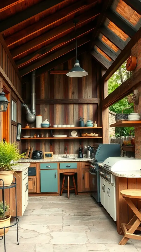 19 Stunning Covered Outdoor Kitchen Design Ideas You’ll Love 9 An outdoor kitchen with wooden beams, stone flooring, and blue accents.