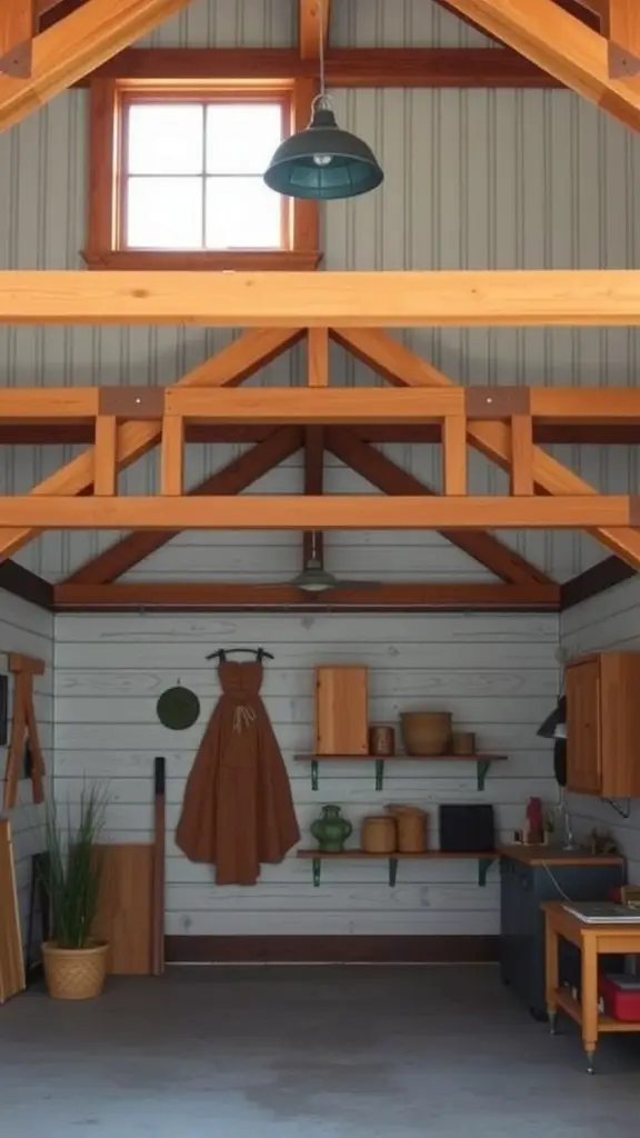 29 Creative Garage Interior Ideas You’ll Love 16 A rustic garage with warm wooden accents, featuring beams, shelves, and a vintage light fixture.