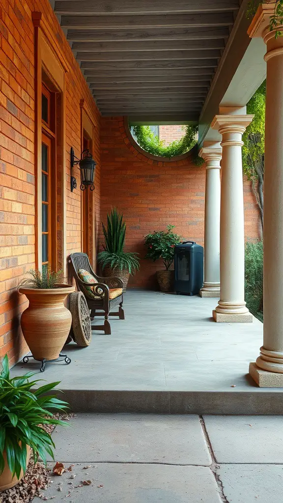A rustic concrete porch featuring brick walls, wooden ceiling, and potted plants.