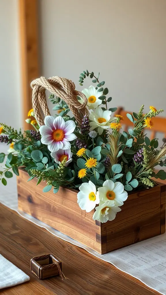 25 Stunning Eucalyptus Centerpiece Ideas for Every Occasion 4 Rustic centerpiece with eucalyptus and wildflowers in a wooden box.