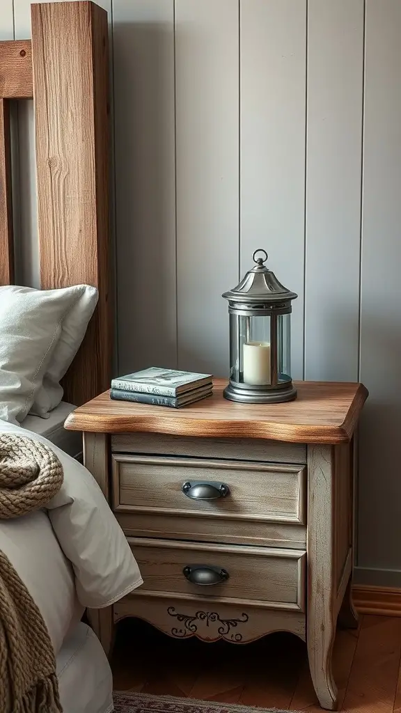 21 Stunning Bedside Table Ideas for Every Style 4 Rustic farmhouse bedside table with two drawers, a lantern, and books on top