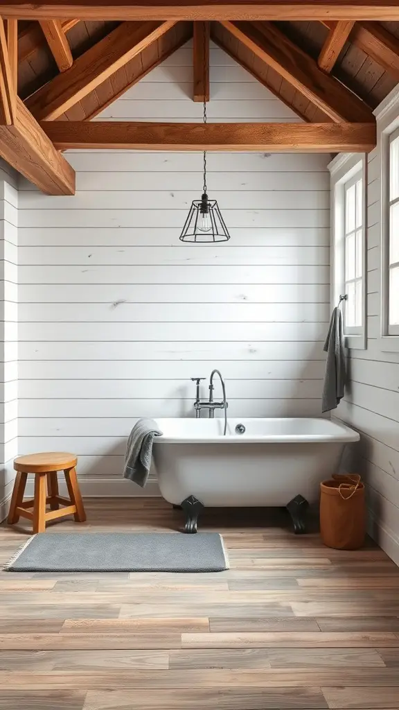 A rustic bathroom with a clawfoot tub, wooden beams, and natural light.
