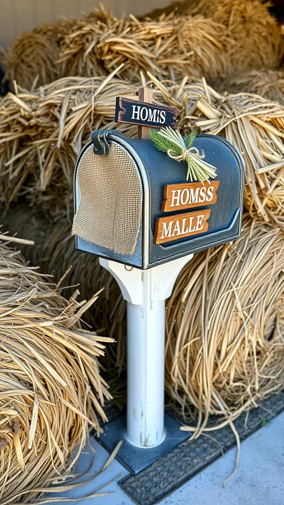A rustic mailbox with wooden signs and burlap, set against hay bales.