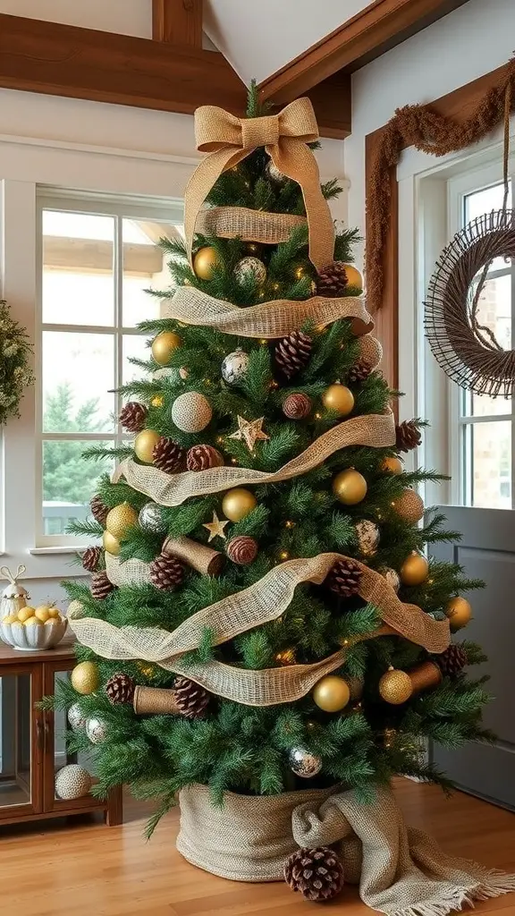 17 Creative Dollar Tree Christmas Tree Ideas on a Budget 9 A beautifully decorated rustic farmhouse Christmas tree with burlap ribbon, pinecones, and golden ornaments in a cozy room.