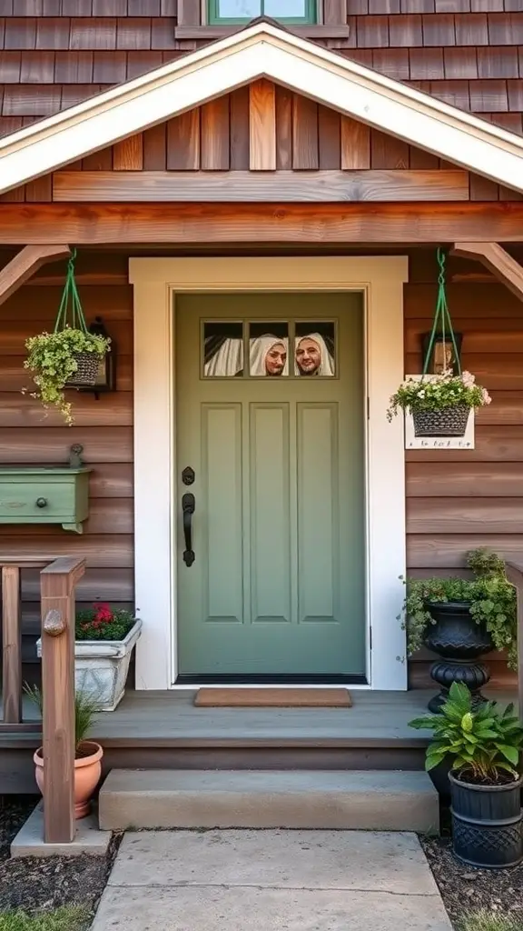 15 Stunning Sage Green Exterior Doors to Inspire Your Home Makeover 7 A rustic farmhouse exterior featuring a sage green door with hanging planters and a wooden structure.