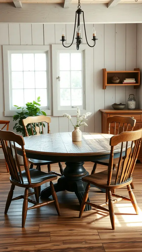23 Creative Round Dining Table Ideas for Your Home 4 A rustic round dining table with wooden chairs in a bright, cozy room.