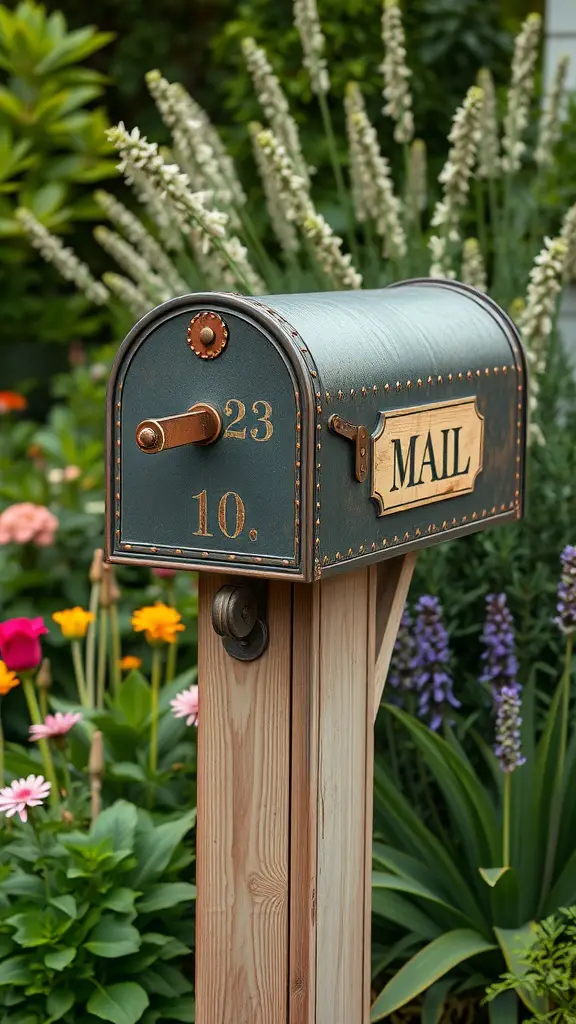 A rustic farmhouse style mailbox with a green color and brass details, surrounded by colorful flowers.