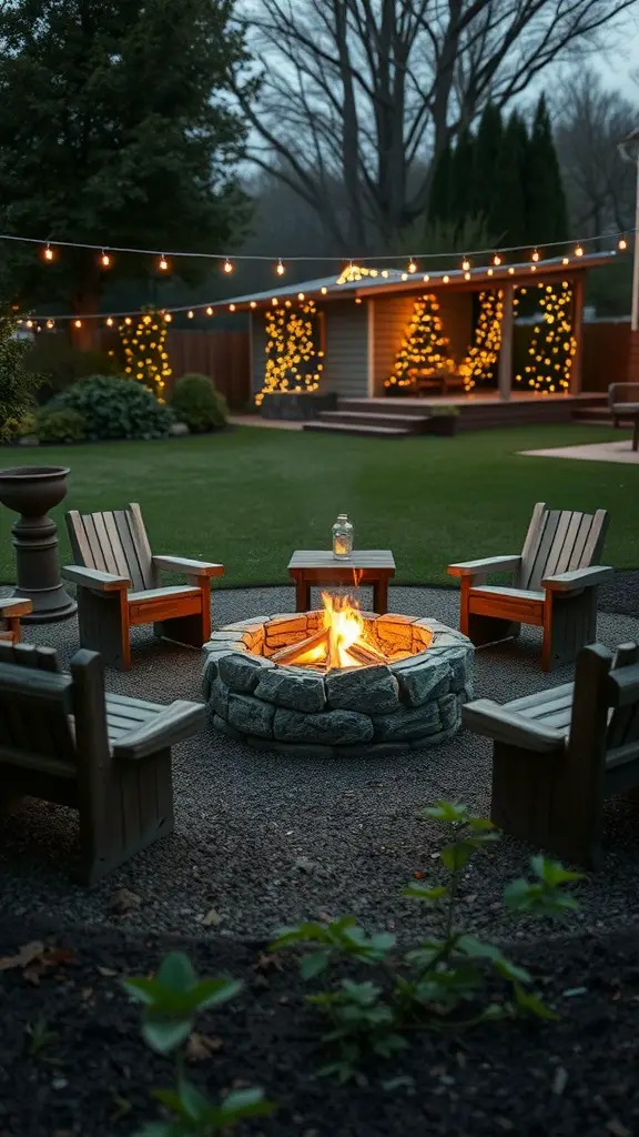 19 Stunning Large Backyard Layout Ideas to Transform Your Outdoor Space 5 A cozy rustic fire pit area with wooden chairs, a stone fire pit, and string lights, set in a backyard.