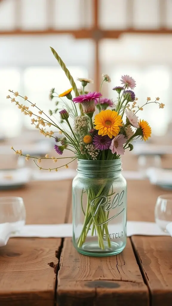 A mason jar filled with colorful wildflowers on a rustic wooden table.