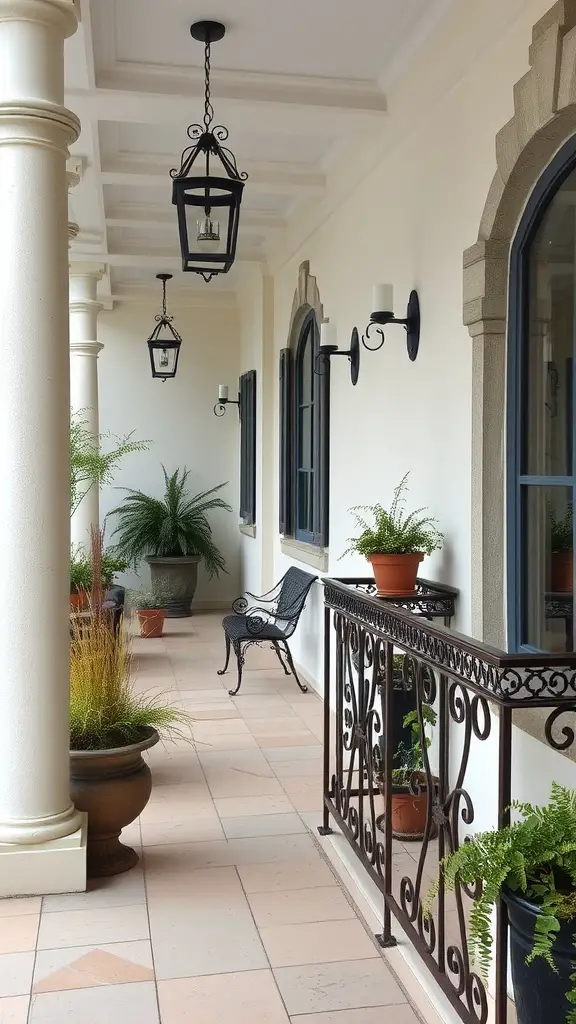 23 Charming French Patio Ideas to Transform Your Outdoor Space 11 A French patio featuring rustic iron railings, hanging lanterns, potted plants, and tiled flooring.