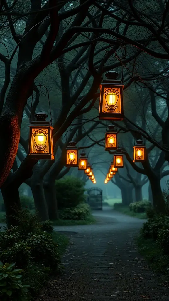 A pathway lined with rustic lanterns glowing softly among trees in a foggy garden.