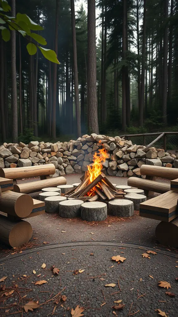 19 Stylish Outdoor Fire Pit Seating Ideas for Cozy Gatherings 9 Rustic log seating arranged around a fire pit in a forest setting.
