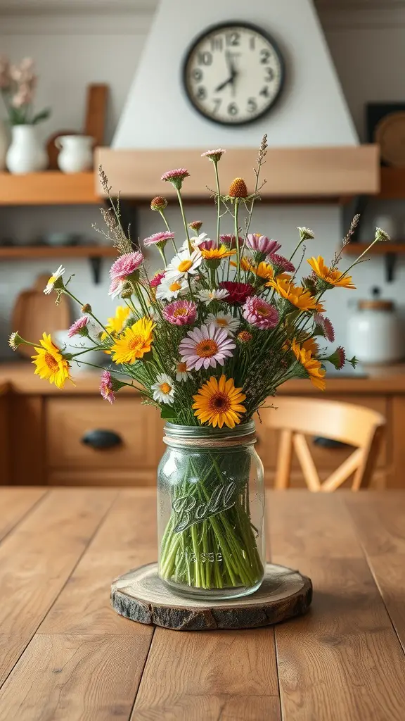 Rustic mason jar centerpiece filled with colorful flowers on a wooden table.