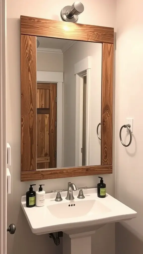 A rustic mirror with a wooden frame above a bathroom sink, showcasing a cozy and inviting atmosphere.