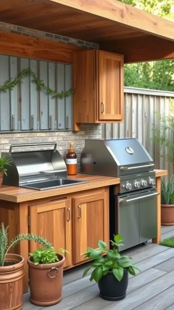 A rustic outdoor kitchen with wooden cabinets, stainless steel appliances, and potted plants.