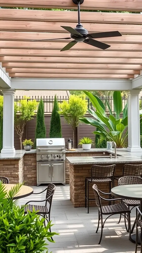 21 Stunning Ideas to Create Your Backyard Oasis 2 A rustic outdoor kitchen featuring a stainless steel grill, stone countertops, and a pergola with a ceiling fan.