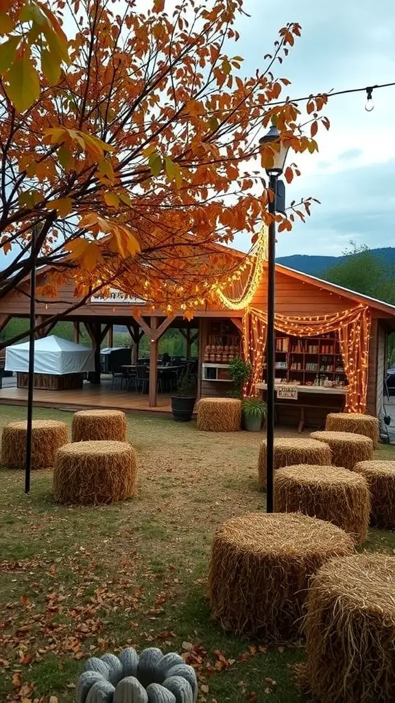 Rustic outdoor bridal shower venue with hay bale seating and autumn decorations