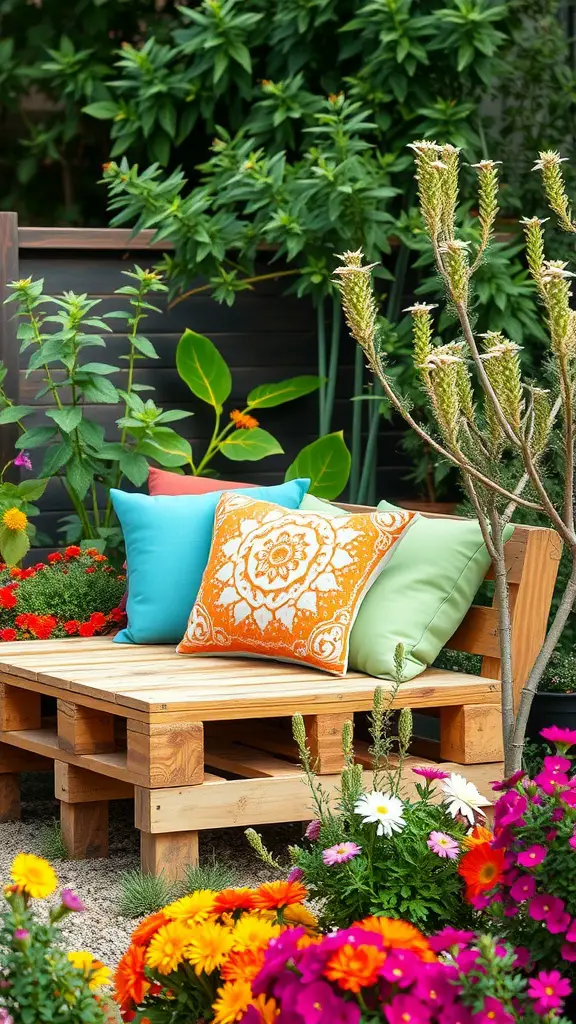 25 Creative Pallet Garden Furniture Ideas You’ll Love 6 A rustic wooden pallet bench with colorful cushions surrounded by vibrant flowers in a garden.